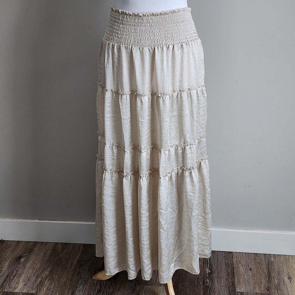 Tiered Maxi Skirt M Cream Smocked Waist Boho Romantic Fairy Cottagecore Prairie